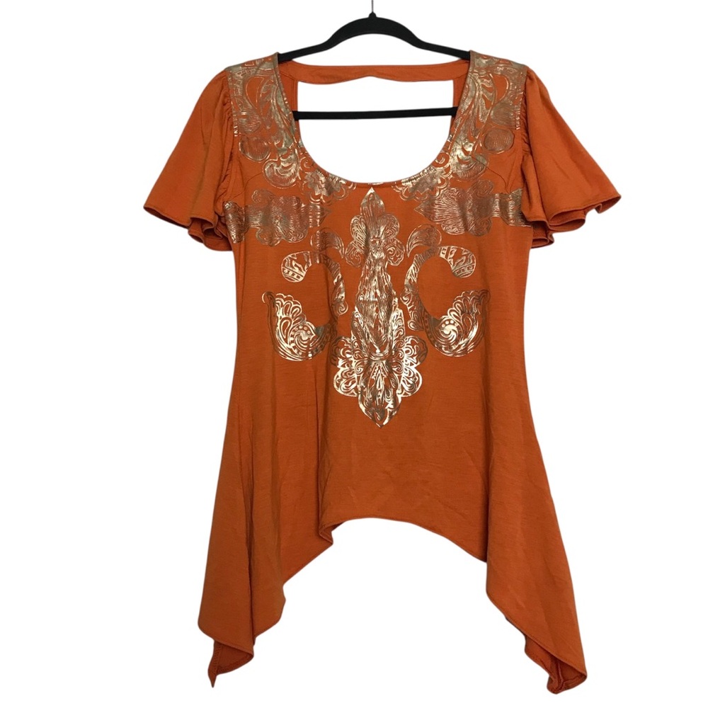 Dereon Y2K Orange Gold Graphic Print Shark Bite Cut Out Top Womens Size Large
